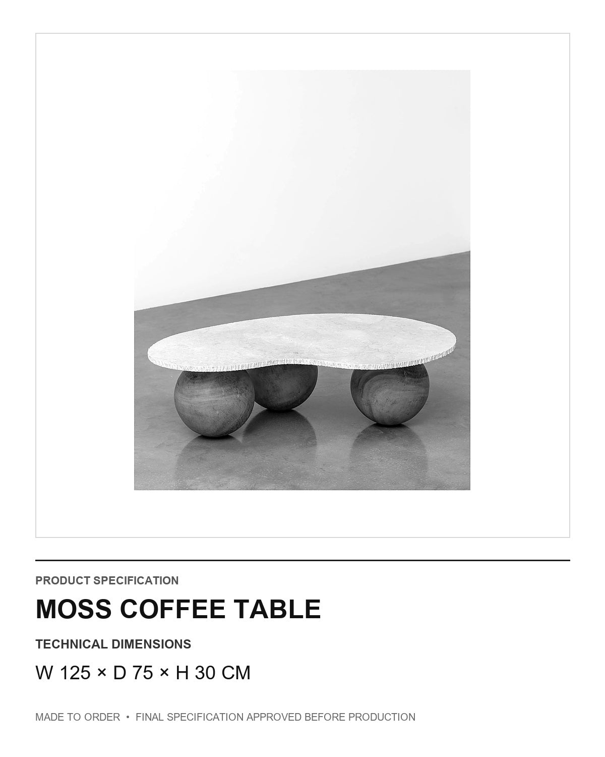 Moss Coffee Table — technical dimensions — uniform technical card v1 (W 125 × D 75 × H 30 cm)