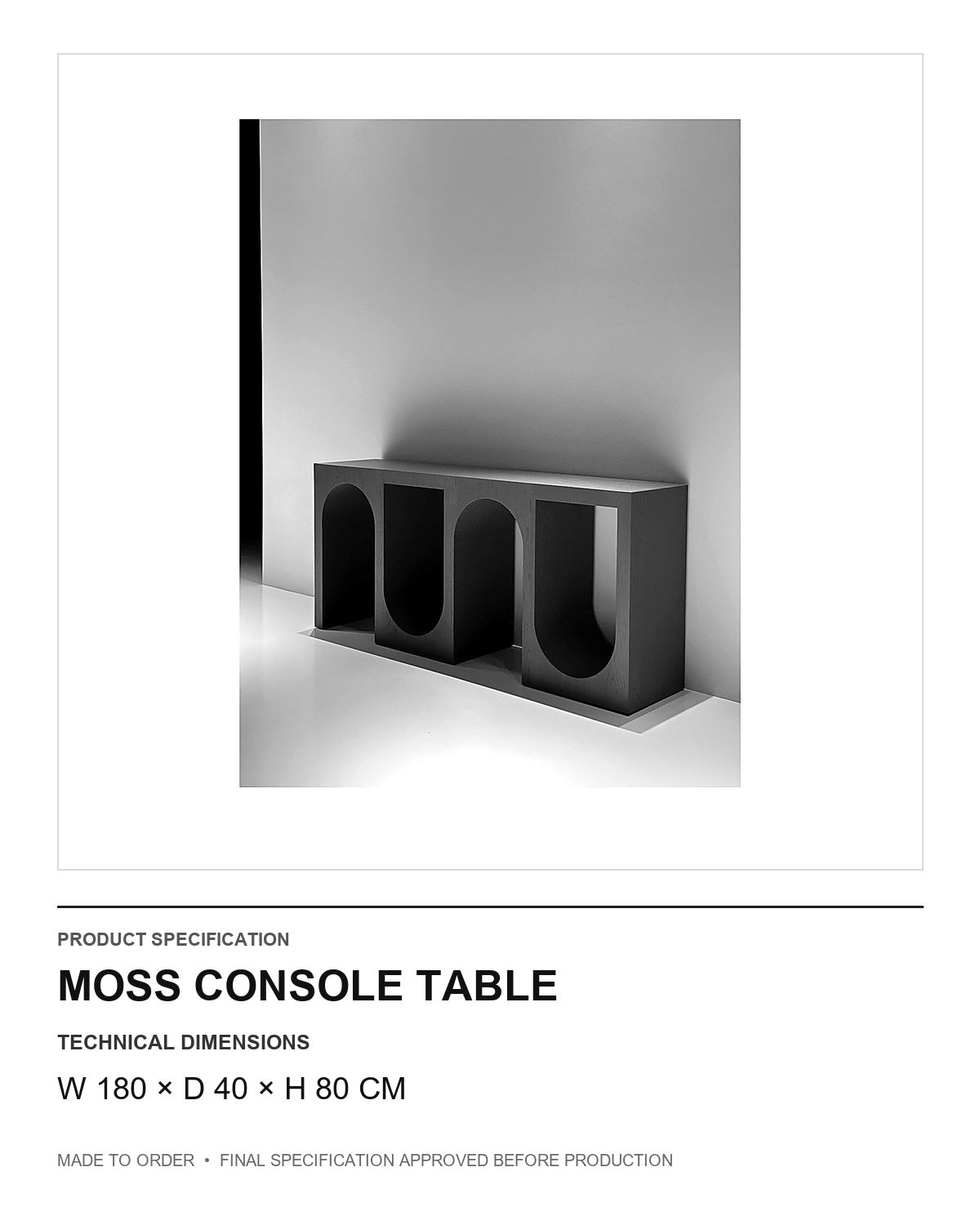Moss Console Table — technical dimensions — uniform technical card v1 (W 180 × D 40 × H 80 cm)