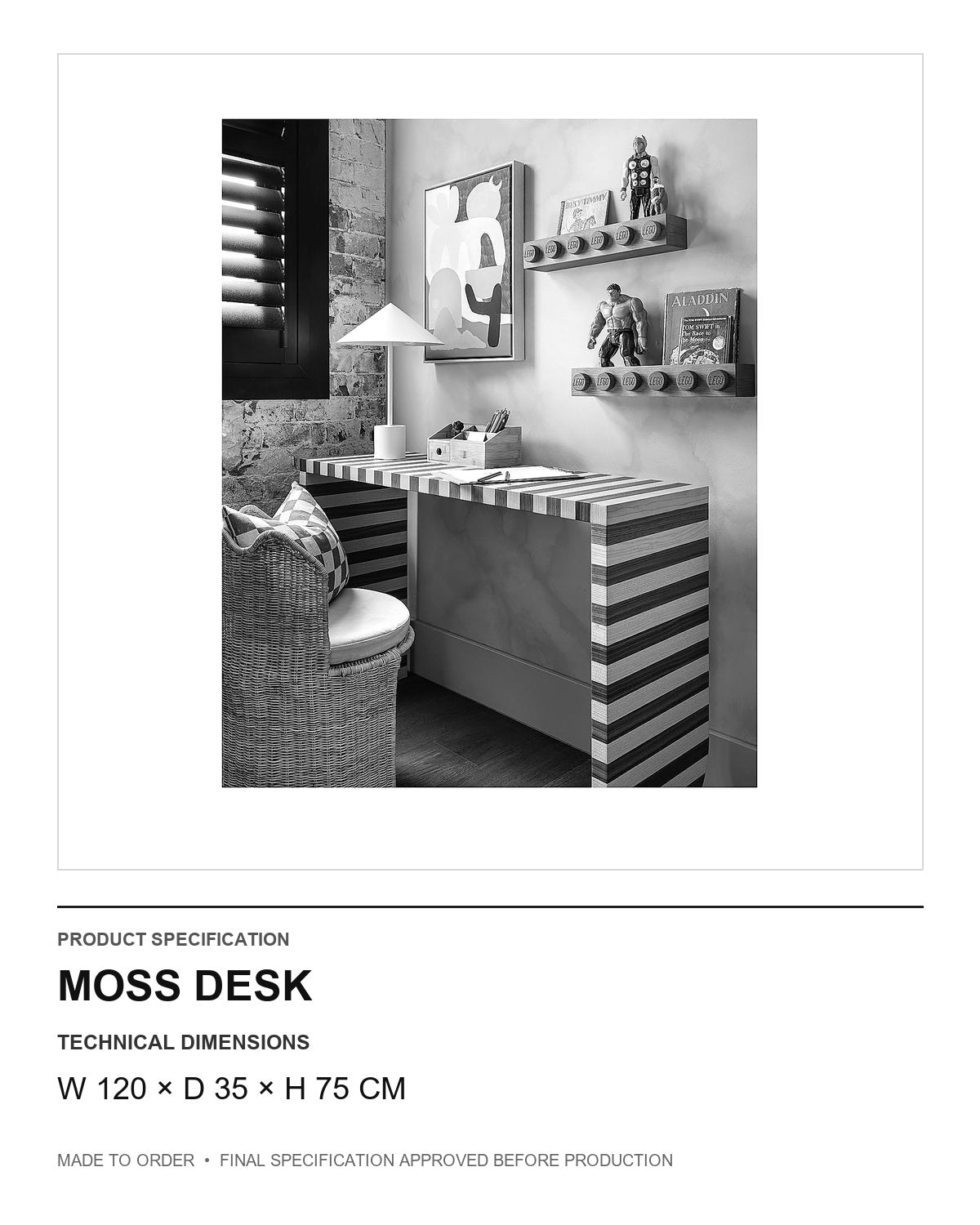 Moss Desk — technical dimensions — uniform technical card v1 (W 120 × D 35 × H 75 cm)