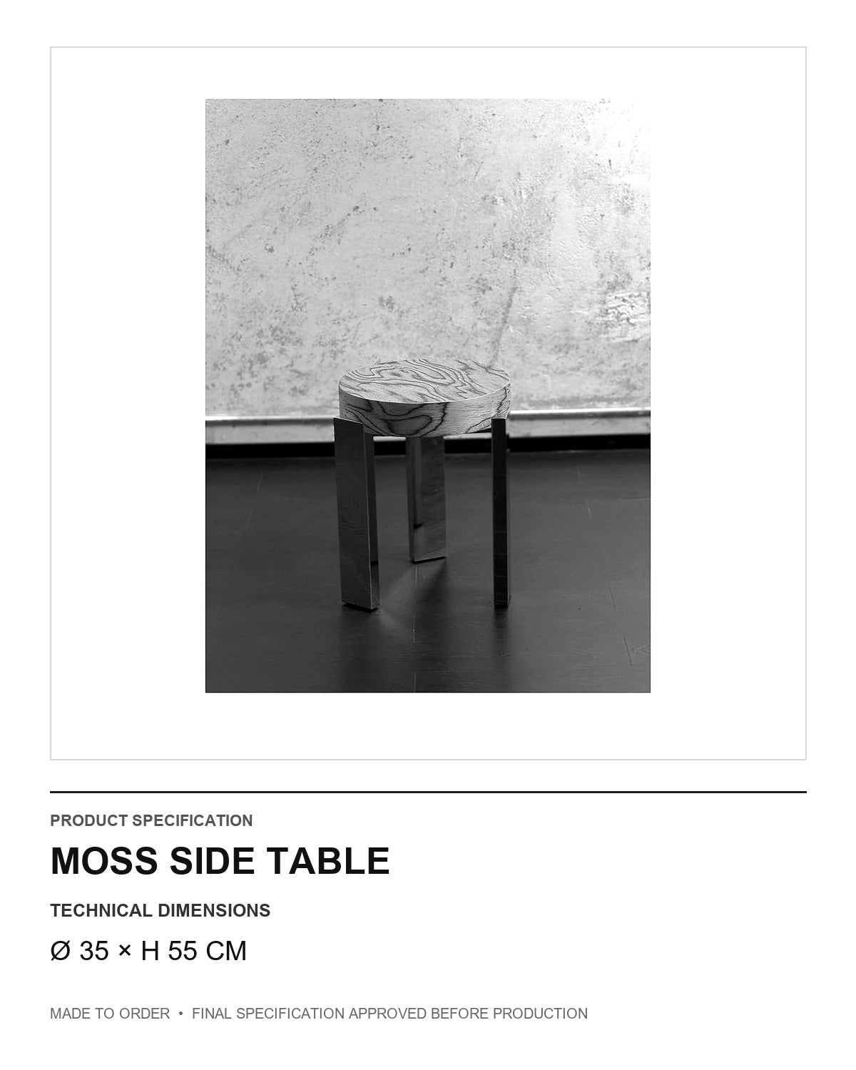 Moss Side Table — technical dimensions — uniform technical card v1 (Ø 35 × H 55 cm)