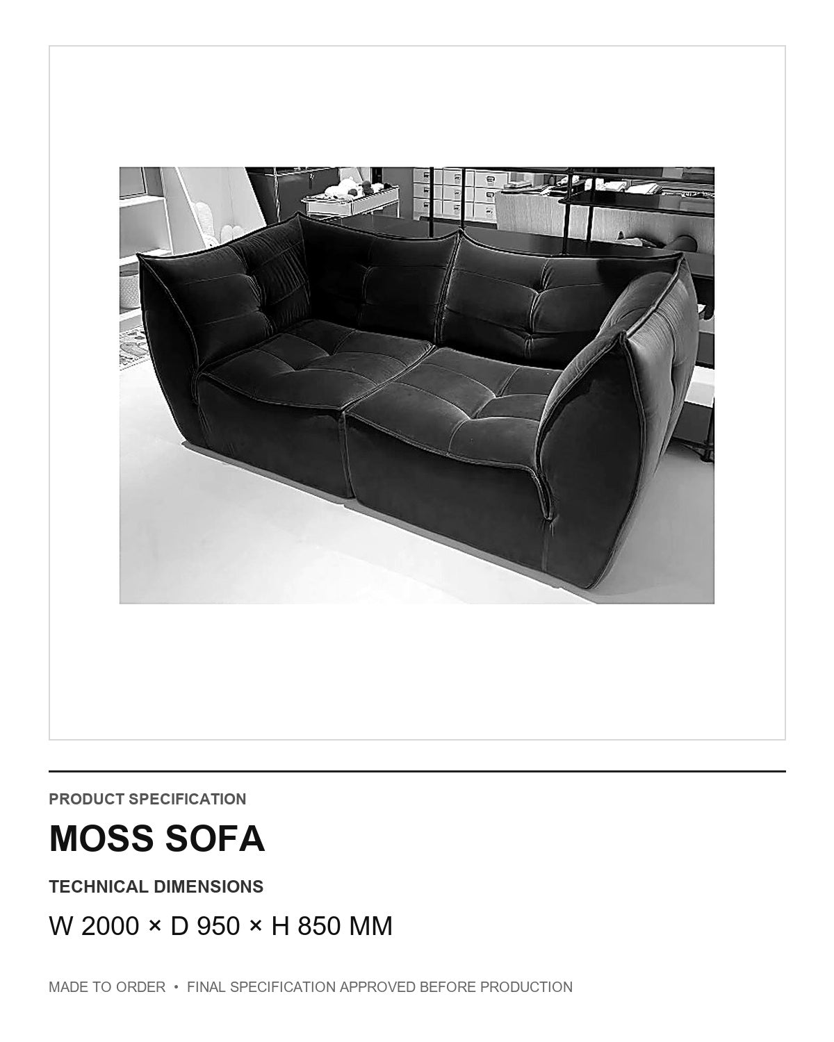 Moss Sofa — technical dimensions — uniform technical card v1 (W 2000 × D 950 × H 850 mm)
