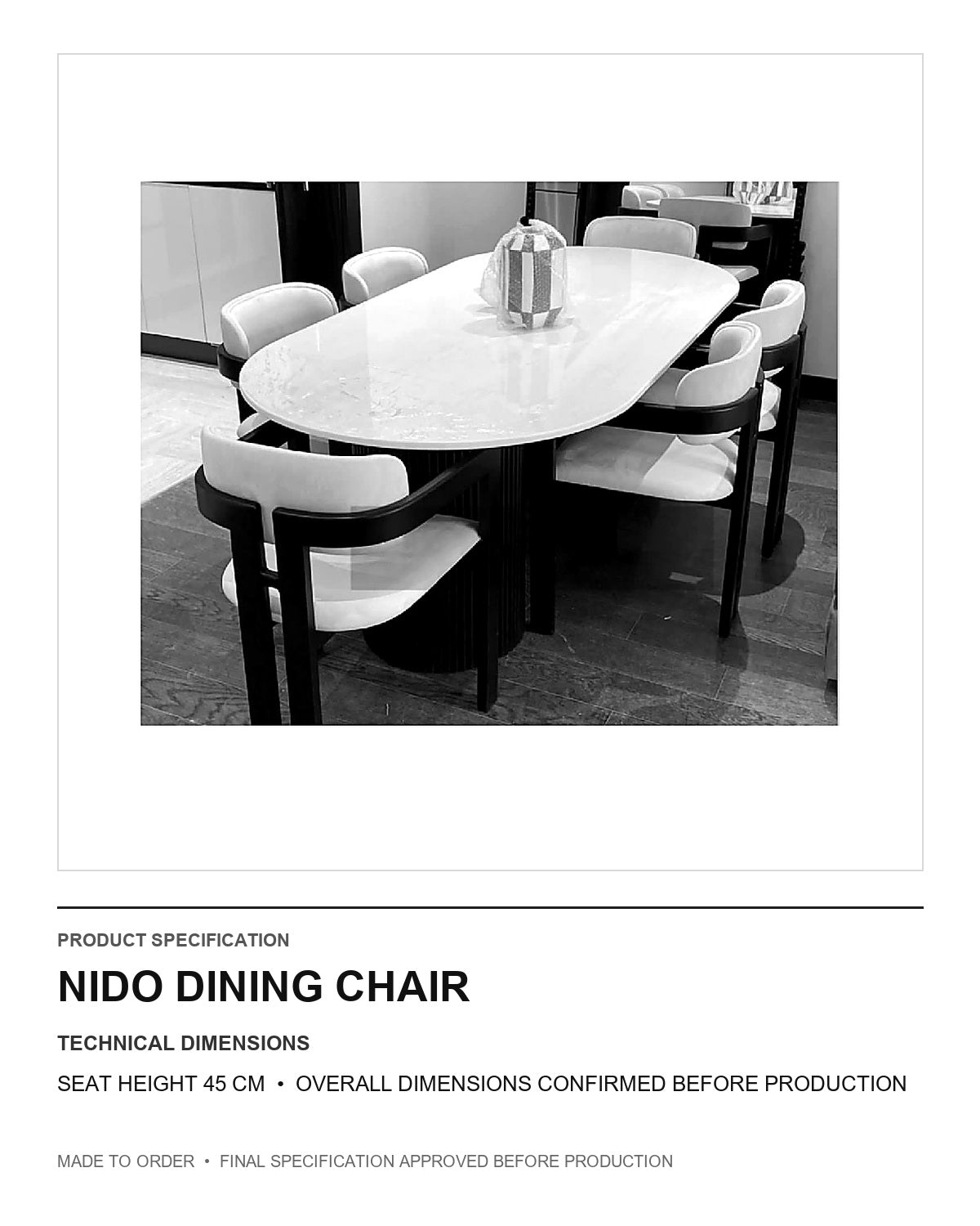 Nido Dining Chair — technical dimensions — uniform technical card v1 (Standard size — seat height 45 cm; final overall dimensions confirmed before production)