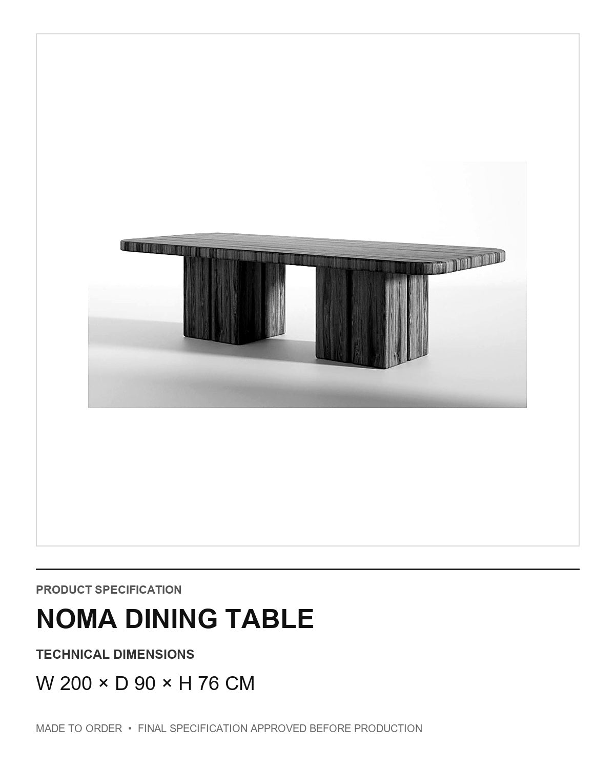 Noma Dining Table — technical dimensions — uniform technical card v1 (W 200 × D 90 × H 76 cm)
