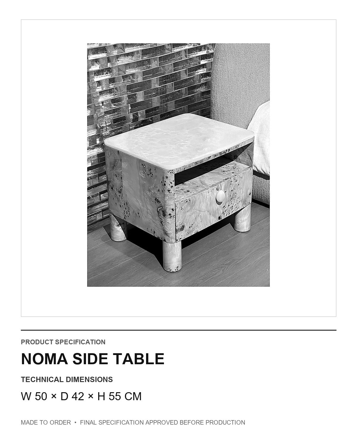 Noma Side Table — technical dimensions — uniform technical card v1 (W 50 × D 42 × H 55 cm)
