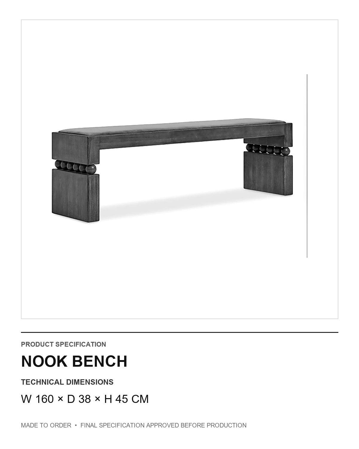 Nook Bench — technical dimensions — uniform technical card v1 (W 160 × D 38 × H 45 cm)