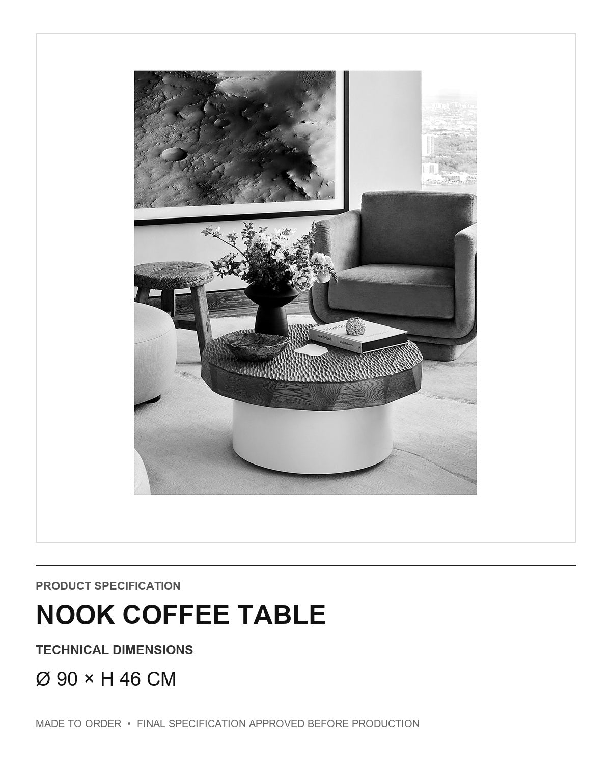 Nook Coffee Table — technical dimensions — uniform technical card v1 (Ø 90 × H 46 cm)