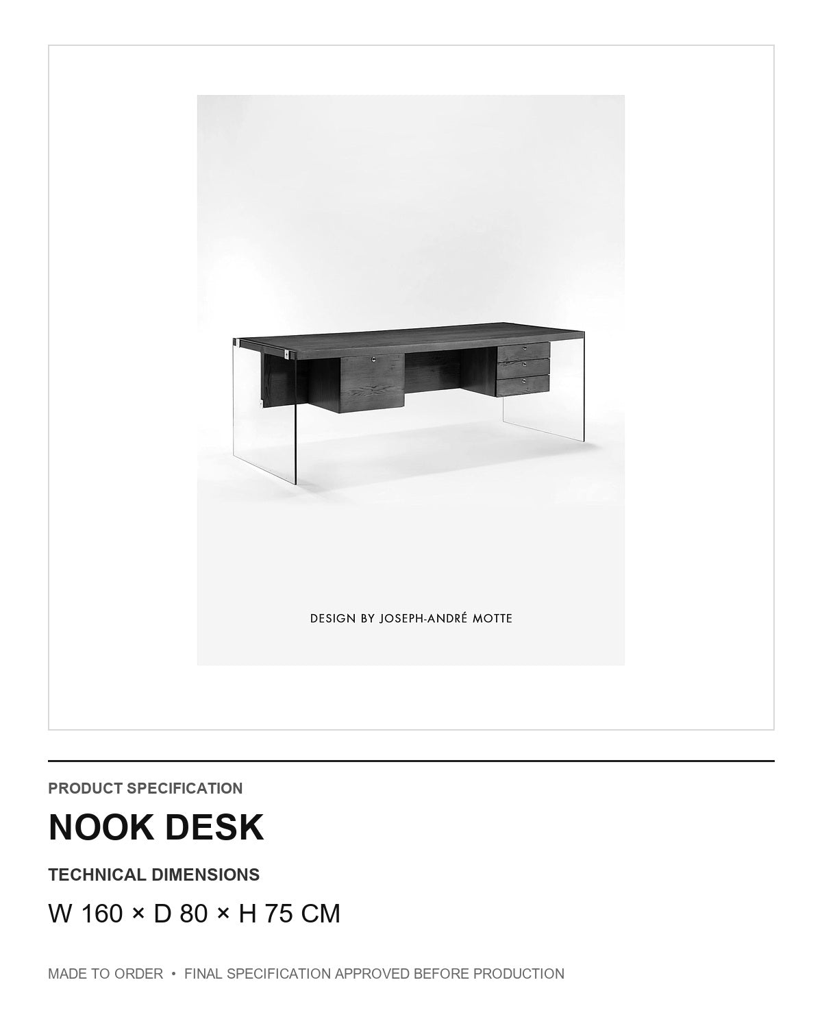 Nook Desk — technical dimensions — uniform technical card v1 (W 160 × D 80 × H 75 cm)