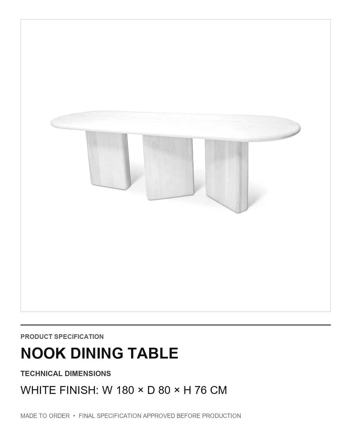 Nook Dining Table — technical dimensions — uniform technical card v1 (White finish: W 180 × D 80 × H 76 cm)