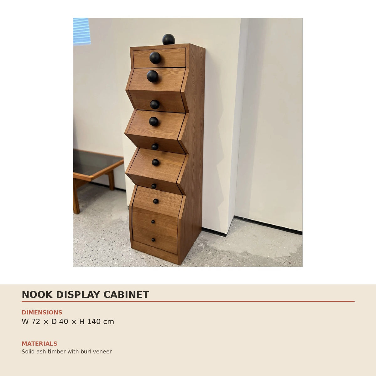 Nook Display Cabinet — technical dimensions (W 72 × D 40 × H 140 cm)