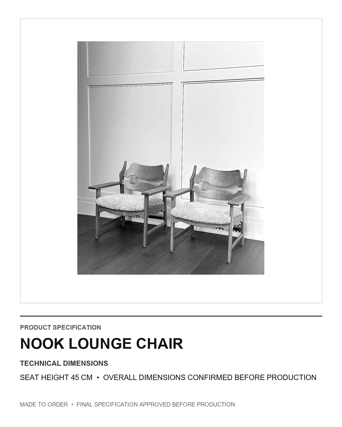 Nook Lounge Chair — technical dimensions — uniform technical card v1 (Standard size — seat height 45 cm; final overall dimensions confirmed before production)