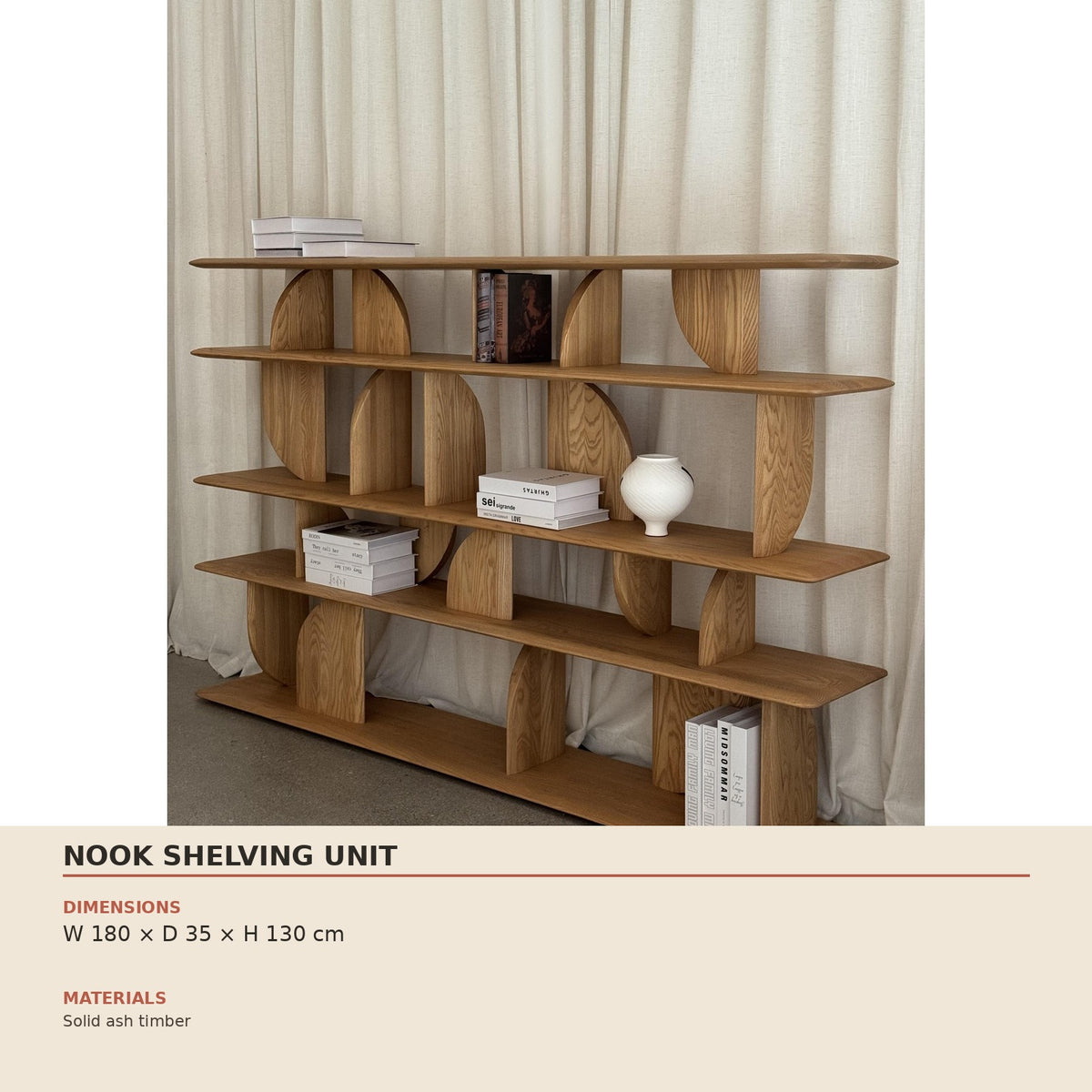 Nook Shelving Unit — technical dimensions (W 180 × D 35 × H 130 cm)
