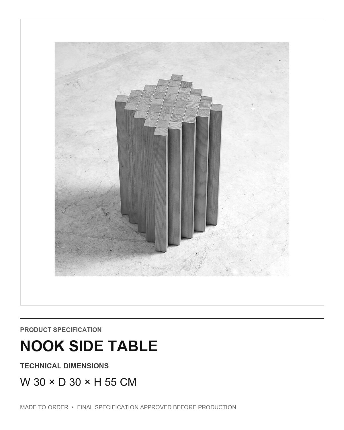Nook Side Table — technical dimensions — uniform technical card v1 (W 30 × D 30 × H 55 cm)