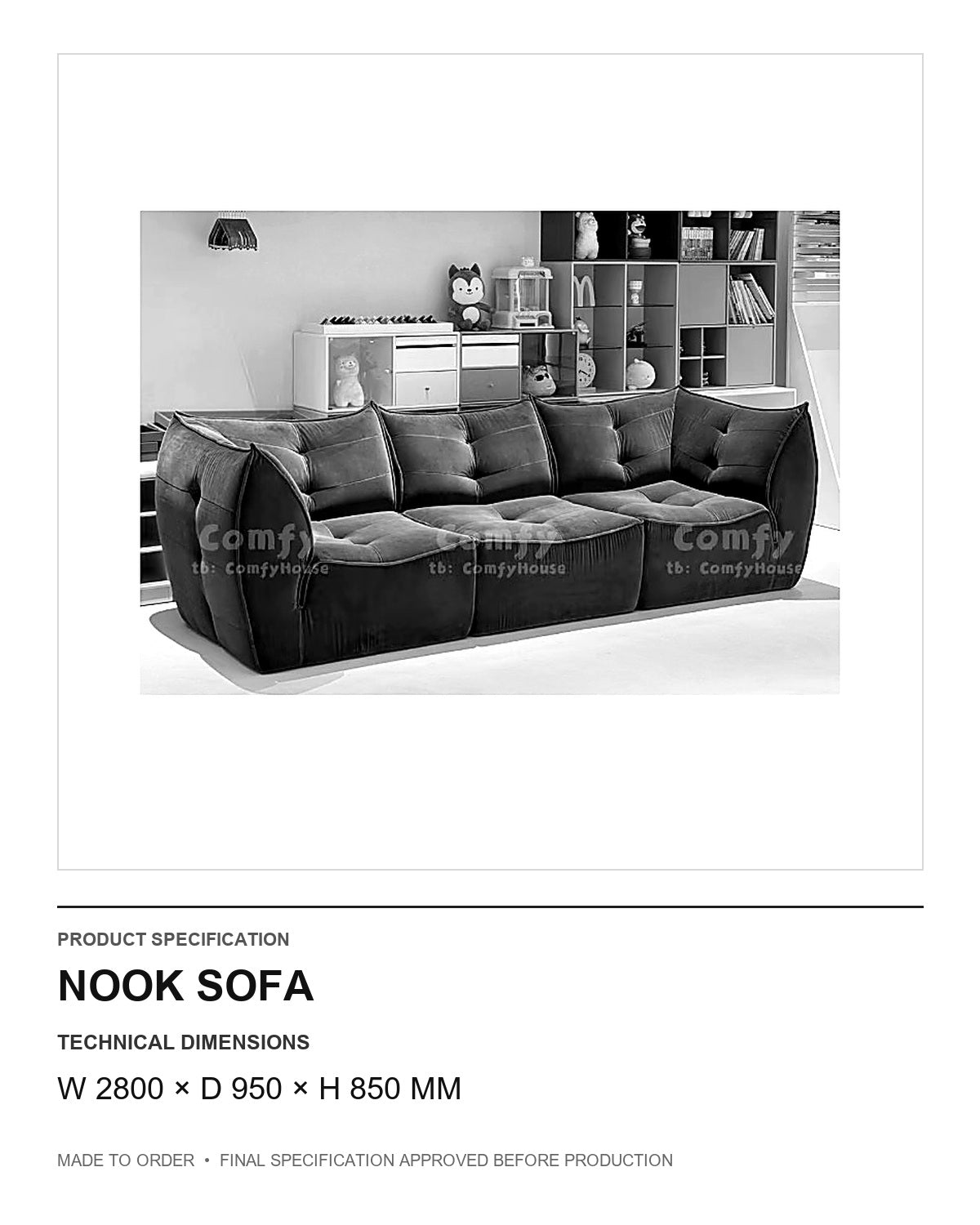 Nook Sofa — technical dimensions — uniform technical card v1 (W 2800 × D 950 × H 850 mm)