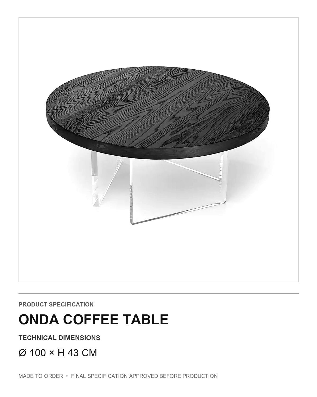 Onda Coffee Table — technical dimensions — uniform technical card v1 (Ø 100 × H 43 cm)