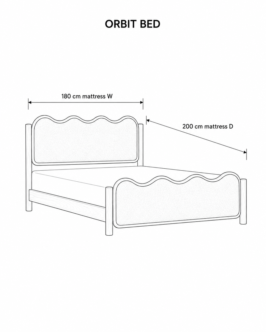 Orbit Bed — technical dimensions (Mattress size 180 × 200 cm)