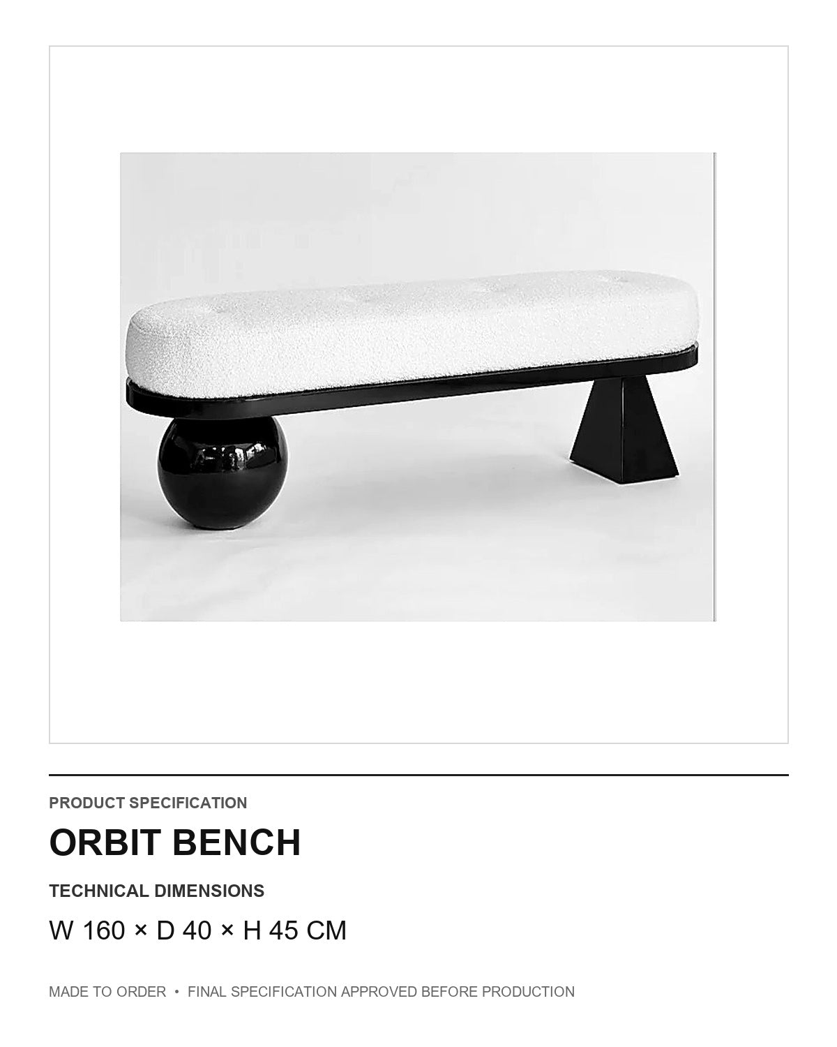 Orbit Bench — technical dimensions — uniform technical card v1 (W 160 × D 40 × H 45 cm)
