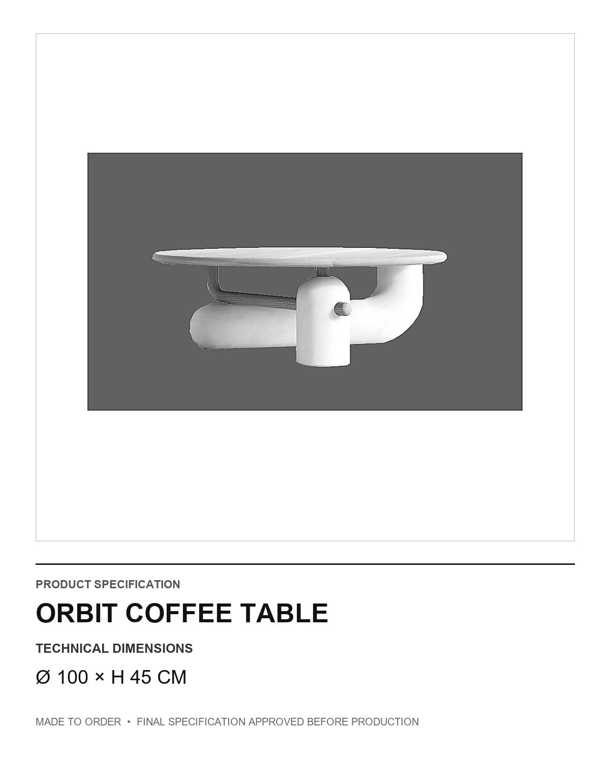 Orbit Coffee Table — technical dimensions — uniform technical card v1 (Ø 100 × H 45 cm)