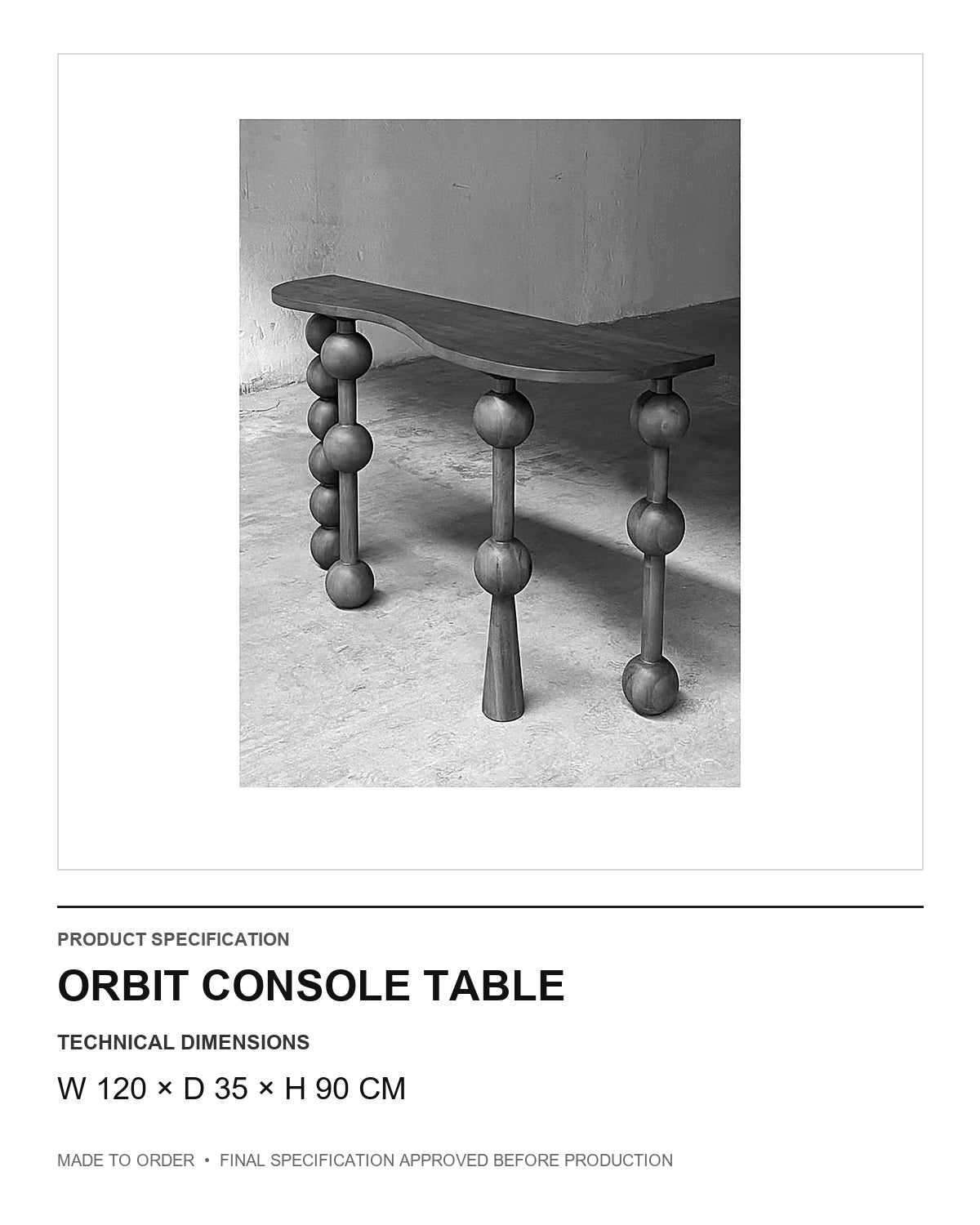 Orbit Console Table — technical dimensions — uniform technical card v1 (W 120 × D 35 × H 90 cm)