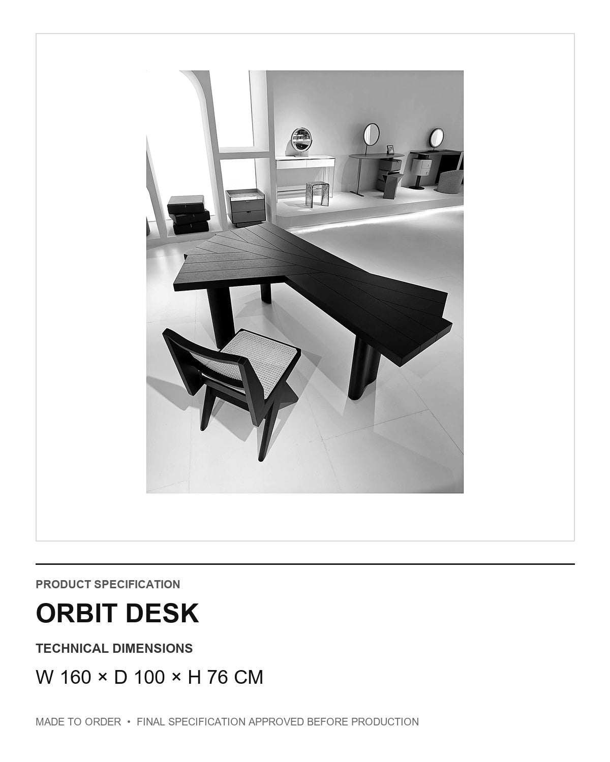 Orbit Desk — technical dimensions — uniform technical card v1 (W 160 × D 100 × H 76 cm)