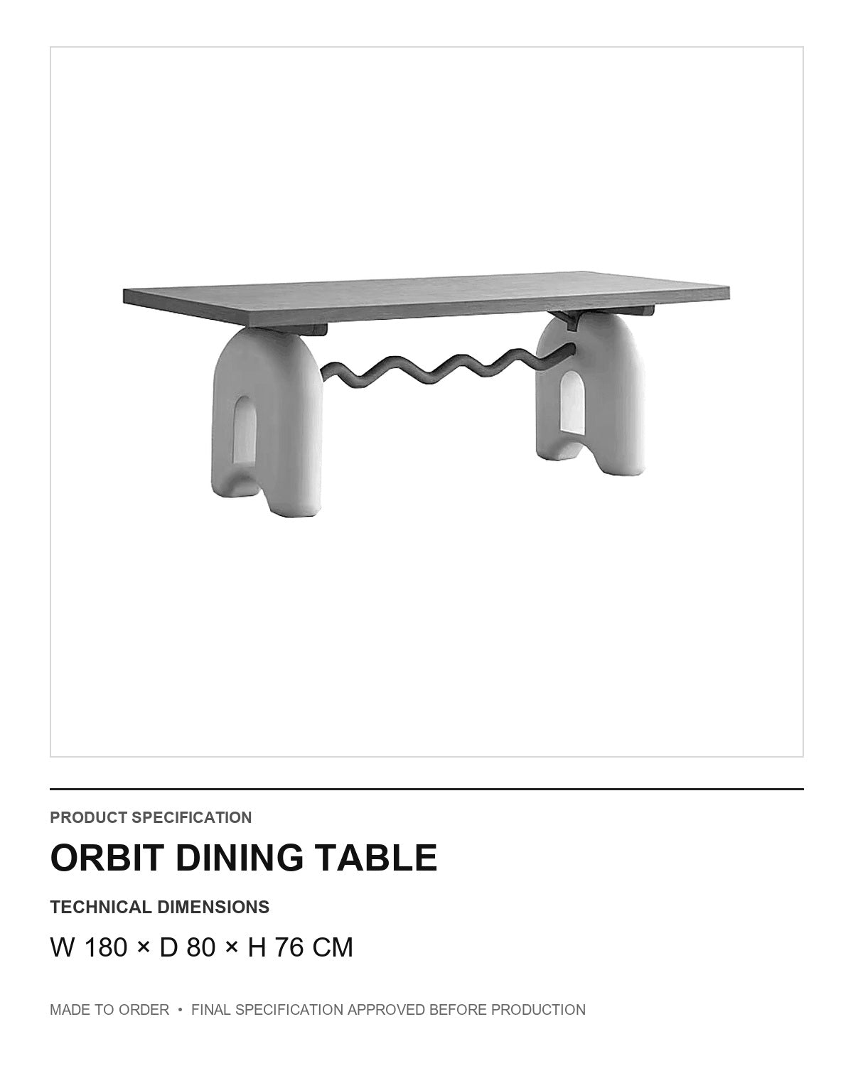 Orbit Dining Table — technical dimensions — uniform technical card v1 (W 180 × D 80 × H 76 cm)