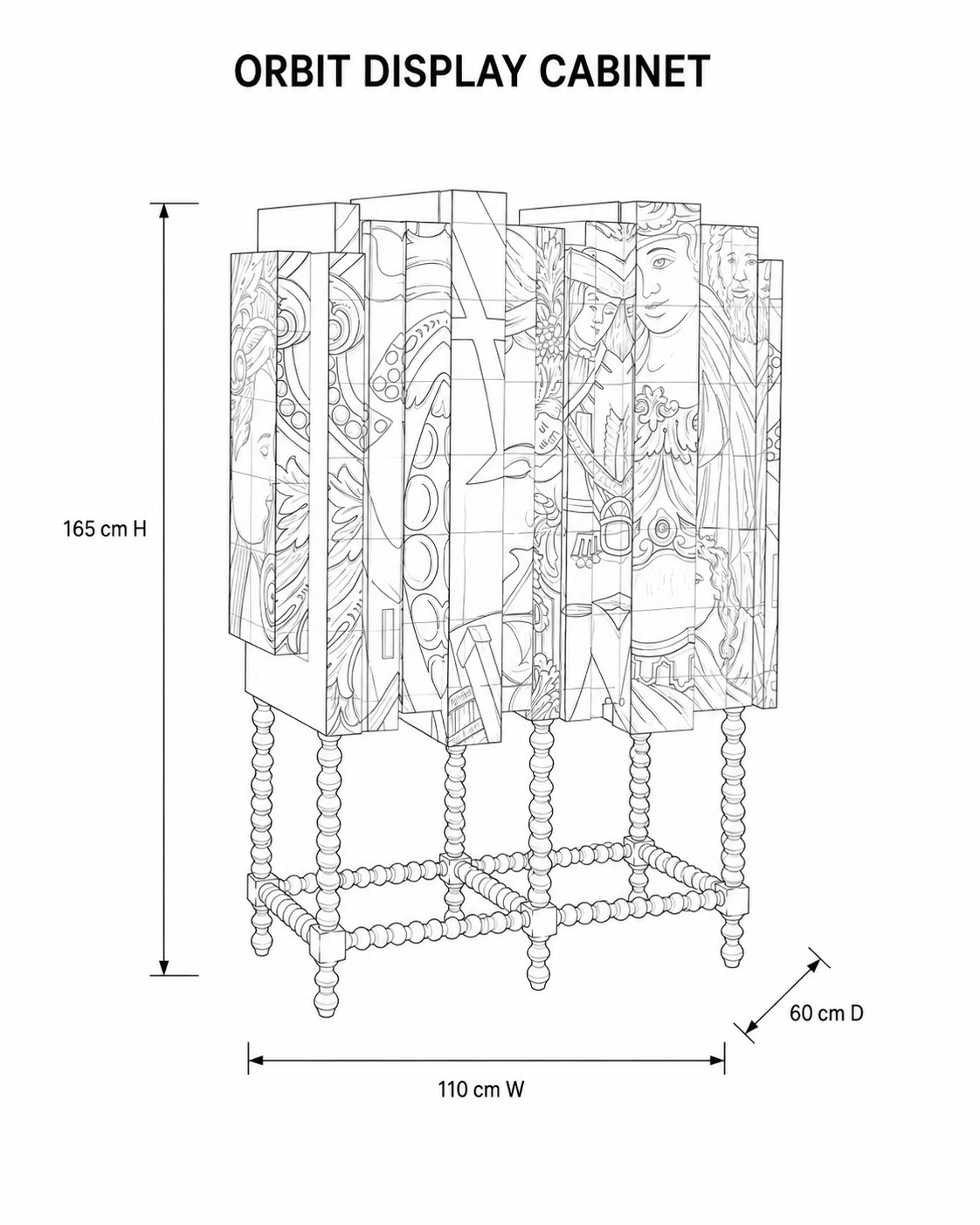 Orbit Display Cabinet — technical dimensions (W 110 × D 60 × H 165 cm)