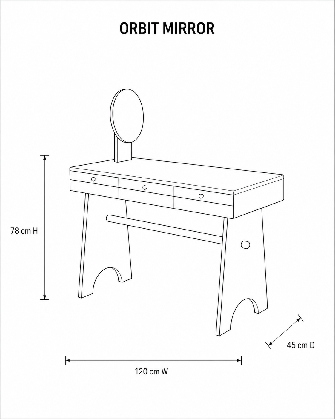 Orbit Mirror — technical dimensions (W 120 × D 45 × H 78 cm)