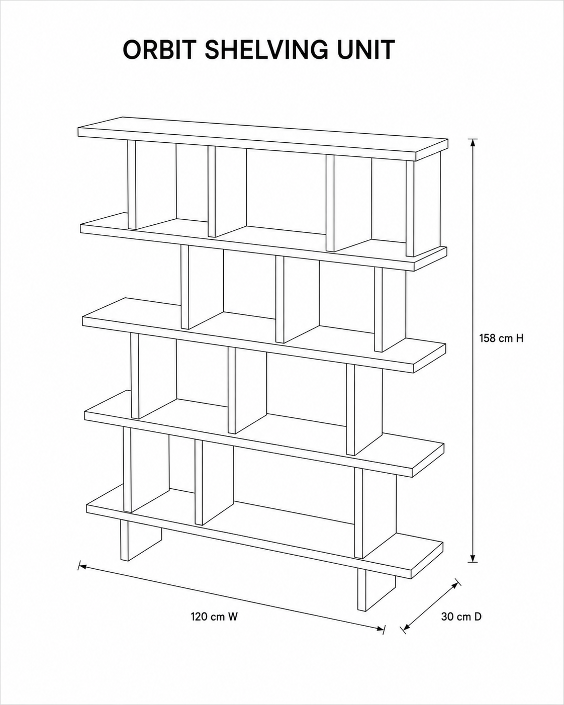 Orbit Shelving Unit — technical dimensions (W 120 × D 30 × H 158 cm)