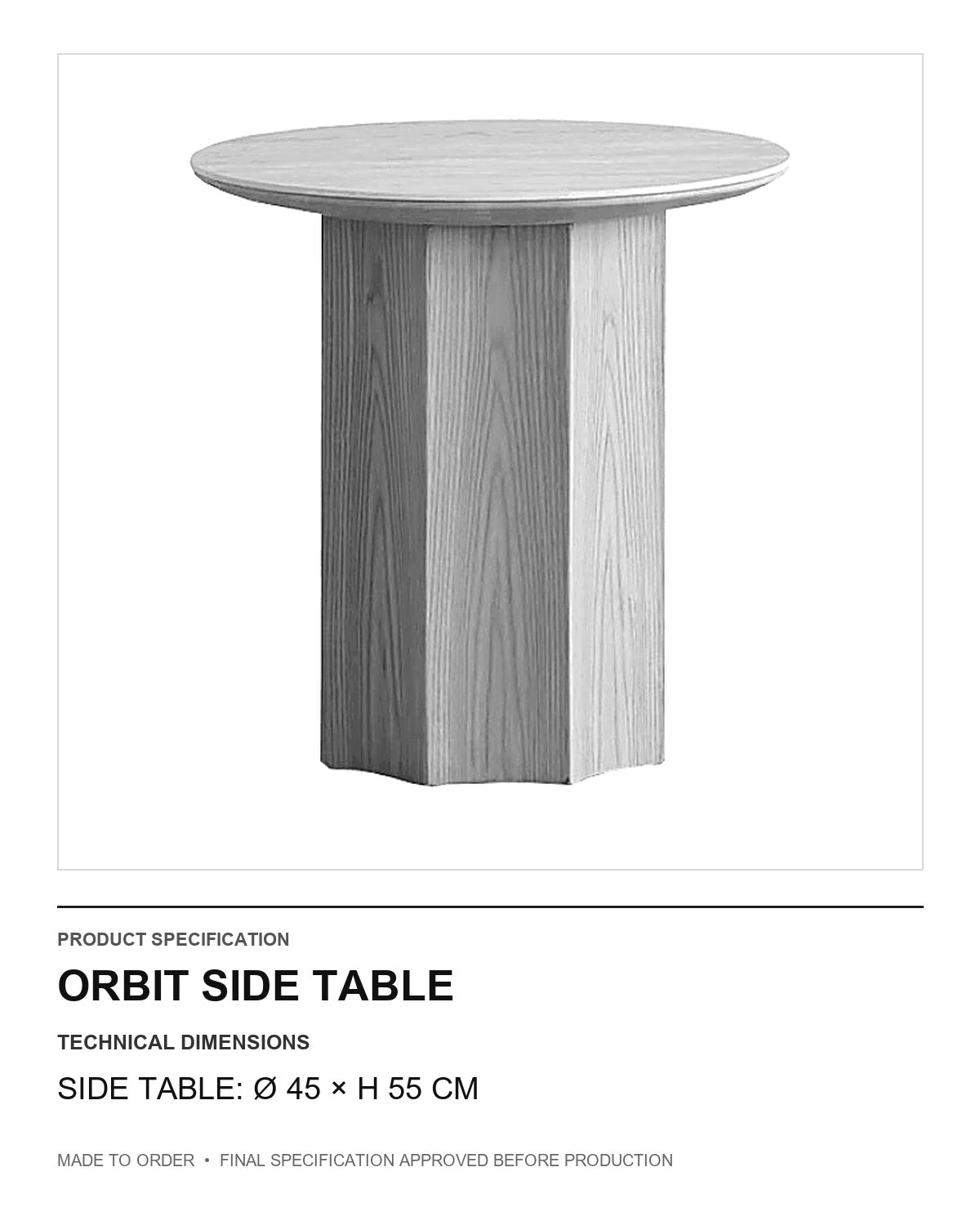 Orbit Side Table — technical dimensions — uniform technical card v1 (Side table: Ø 45 × H 55 cm)