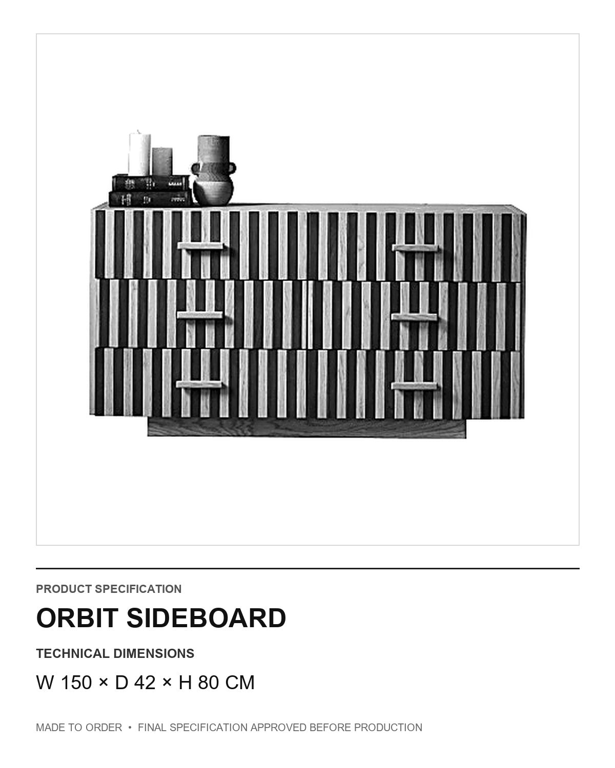 Orbit Sideboard — technical dimensions — uniform technical card v1 (W 150 × D 42 × H 80 cm)