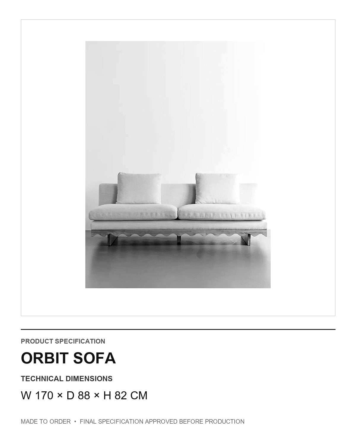 Orbit Sofa — technical dimensions — uniform technical card v1 (W 170 × D 88 × H 82 cm)