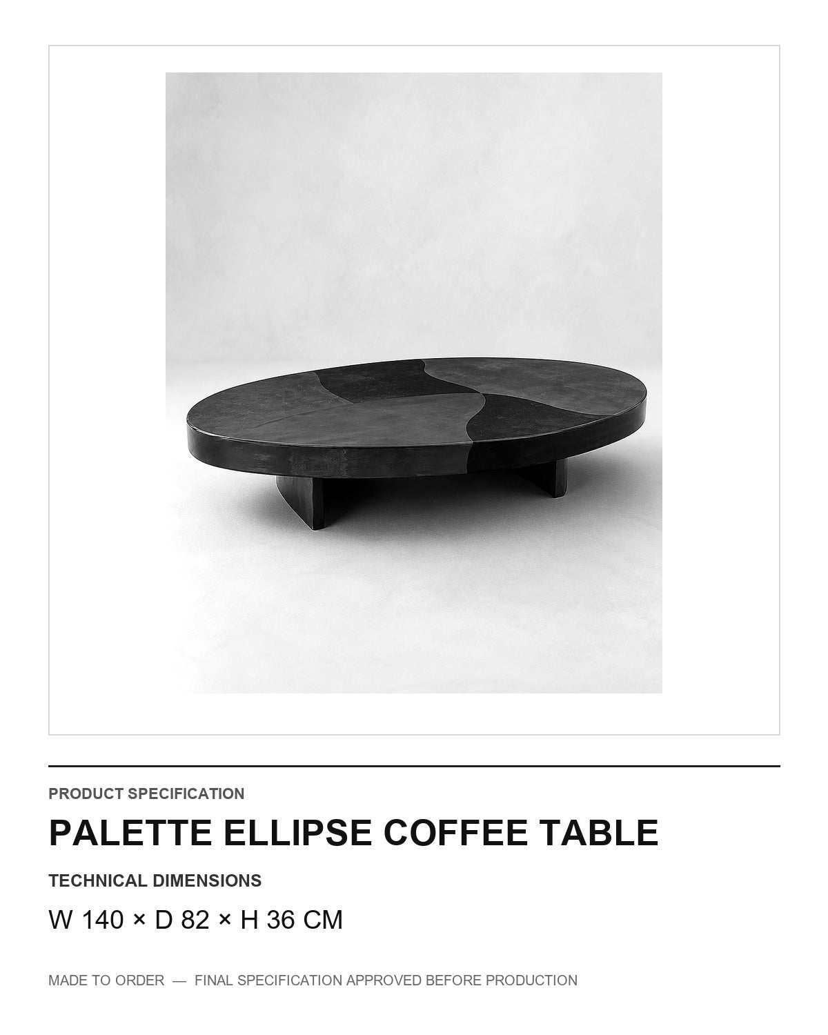 Palette Ellipse Coffee Table — technical dimensions (W 140 × D 82 × H 36 cm) — final image