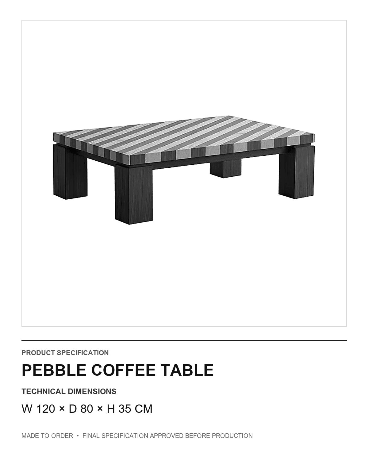 Pebble Coffee Table — technical dimensions — uniform technical card v1 (W 120 × D 80 × H 35 cm)