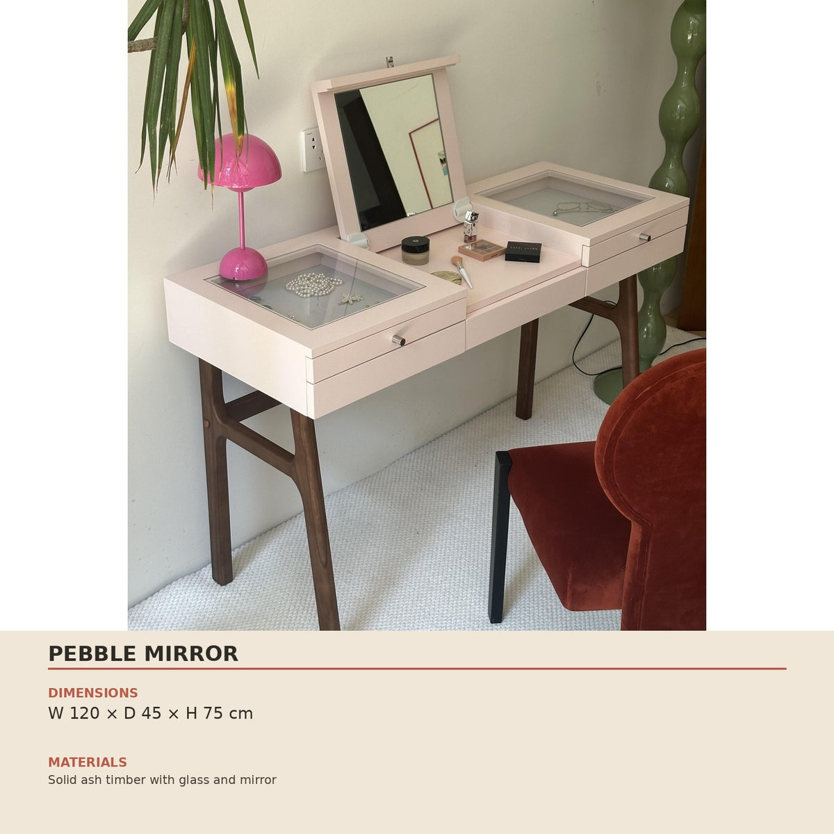 Pebble Mirror — technical dimensions (W 120 × D 45 × H 75 cm)