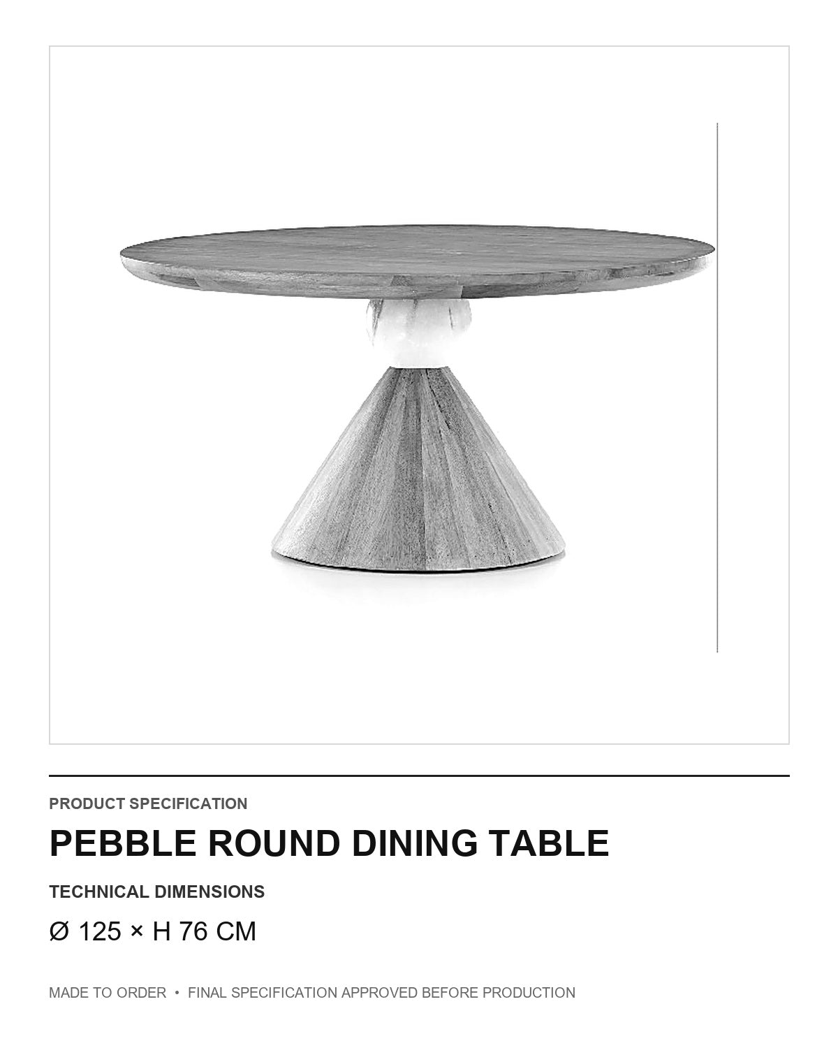 Pebble Round Dining Table — technical dimensions — uniform technical card v1 (Ø 125 × H 76 cm)