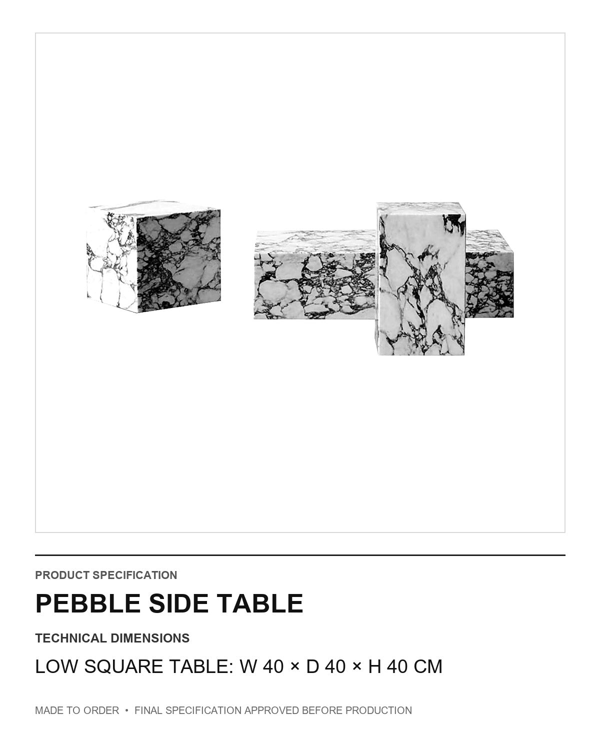 Pebble Side Table — technical dimensions — uniform technical card v1 (Low square table: W 40 × D 40 × H 40 cm)