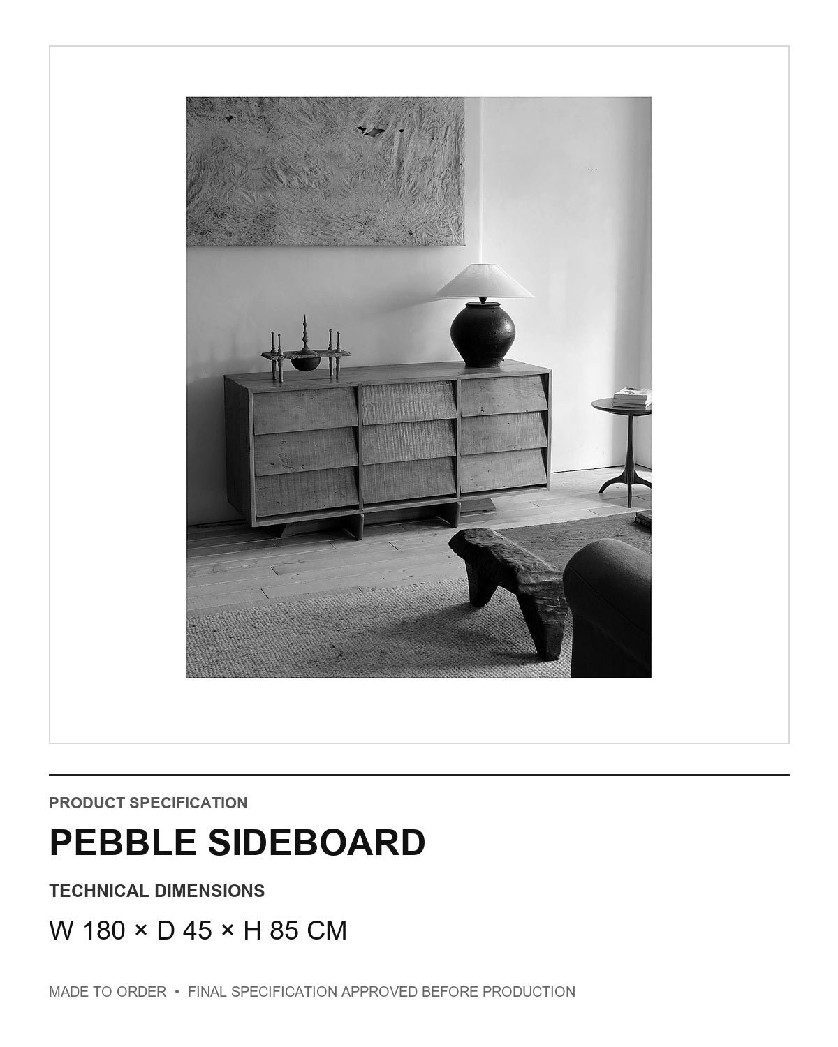 Pebble Sideboard — technical dimensions — uniform technical card v1 (W 180 × D 45 × H 85 cm)
