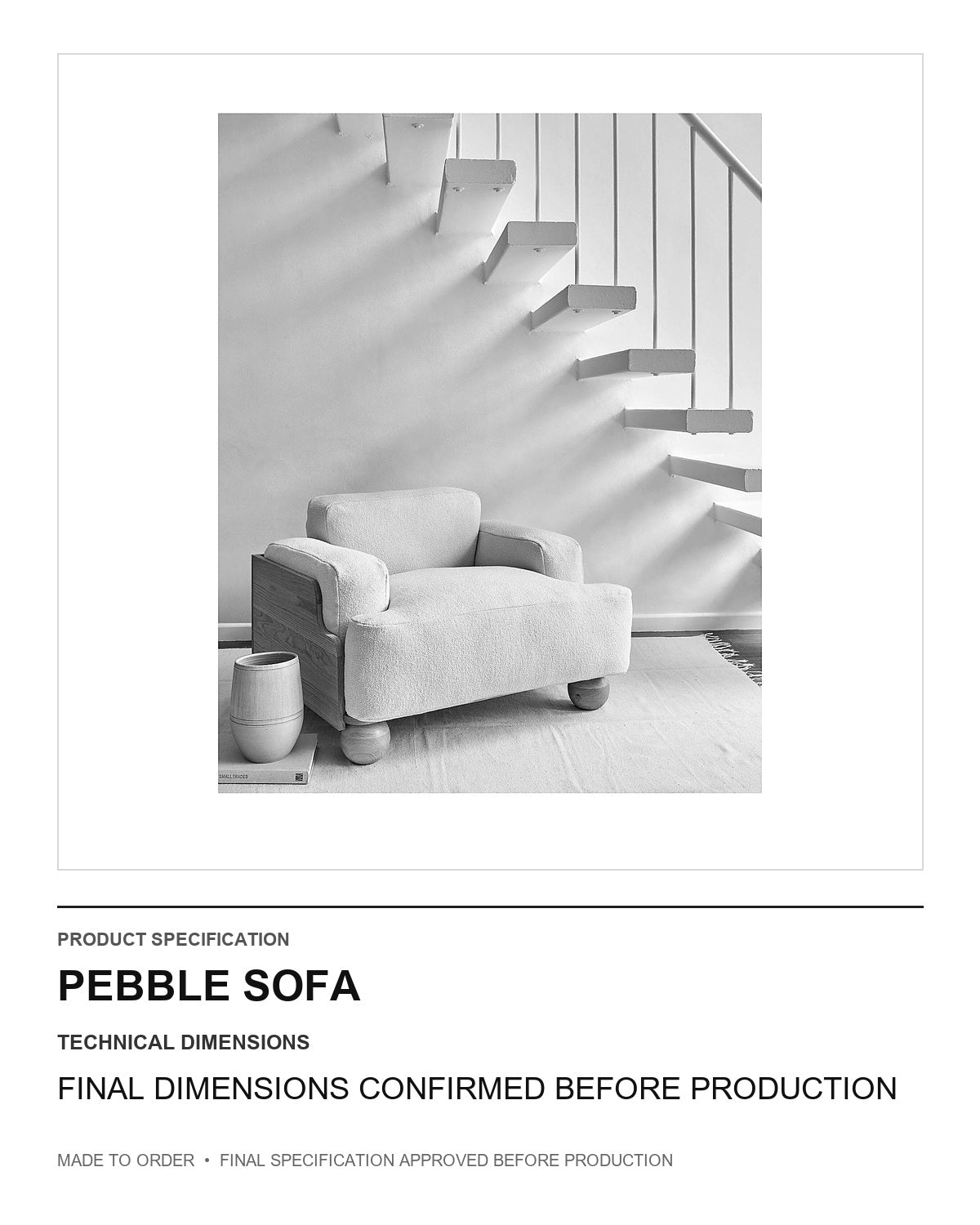 Pebble Sofa — technical dimensions — uniform technical card v1 (Standard size — final dimensions confirmed before production)