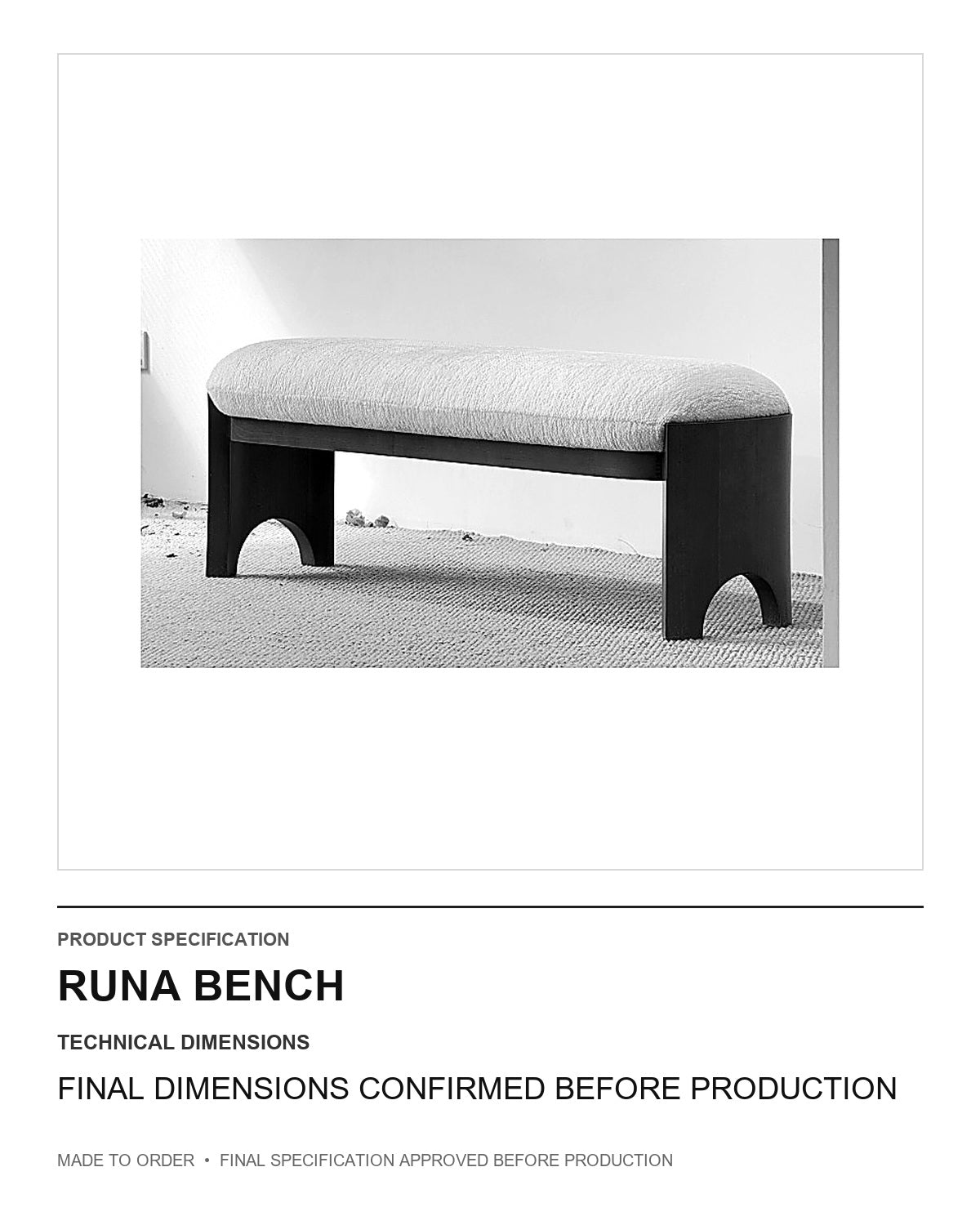 Runa Bench — technical dimensions — uniform technical card v1 (Standard size — final dimensions confirmed before production)