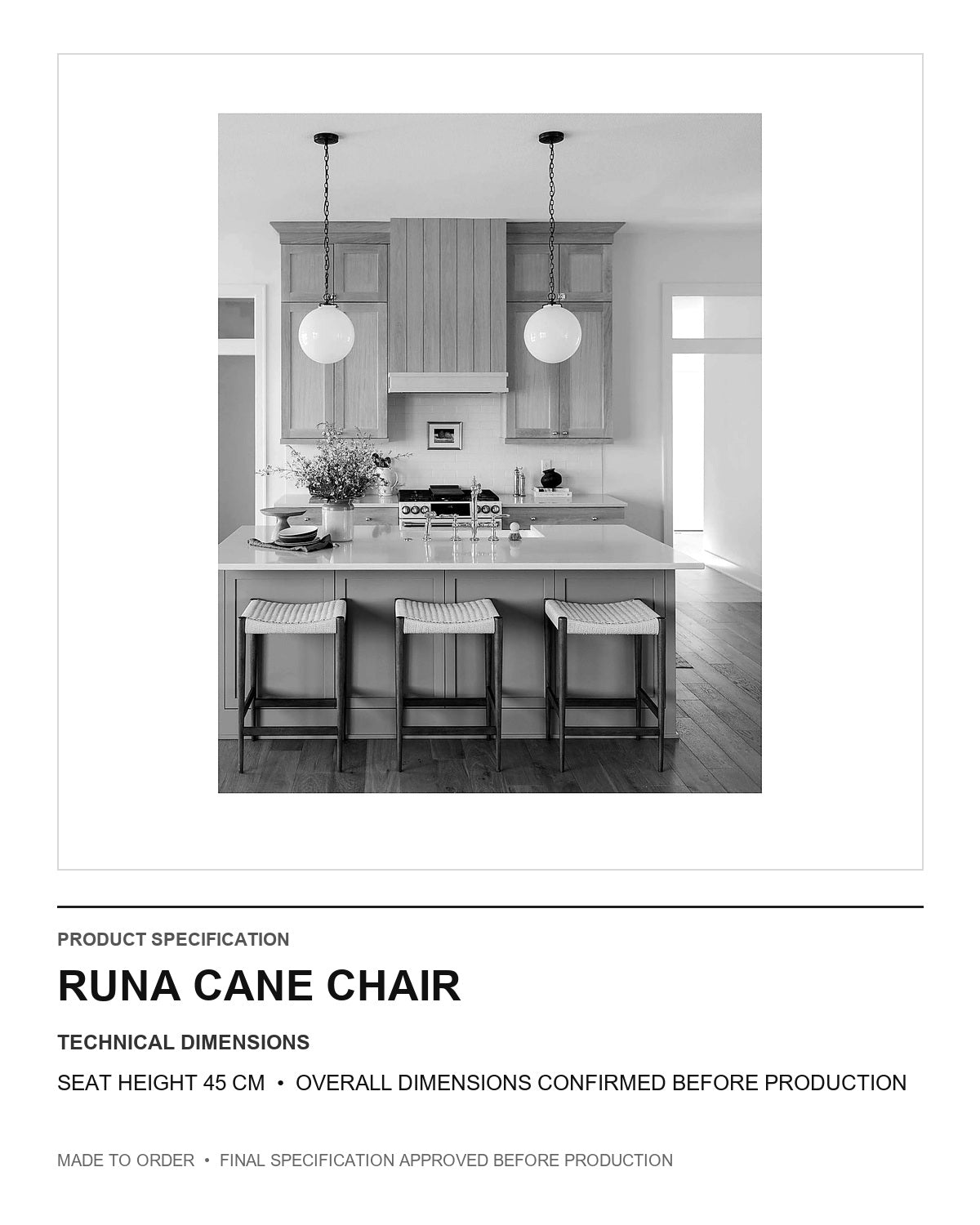 Runa Cane Chair — technical dimensions — uniform technical card v1 (Standard size — seat height 45 cm; final overall dimensions confirmed before production)