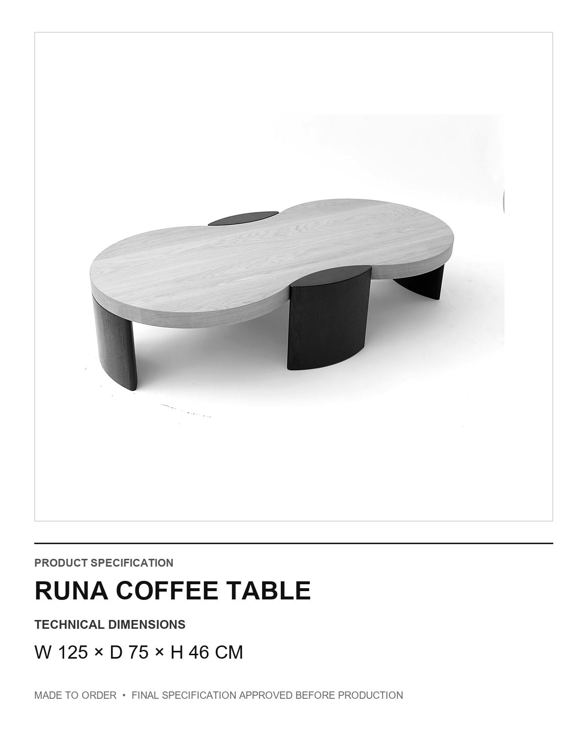 Runa Coffee Table — technical dimensions — uniform technical card v1 (W 125 × D 75 × H 46 cm)