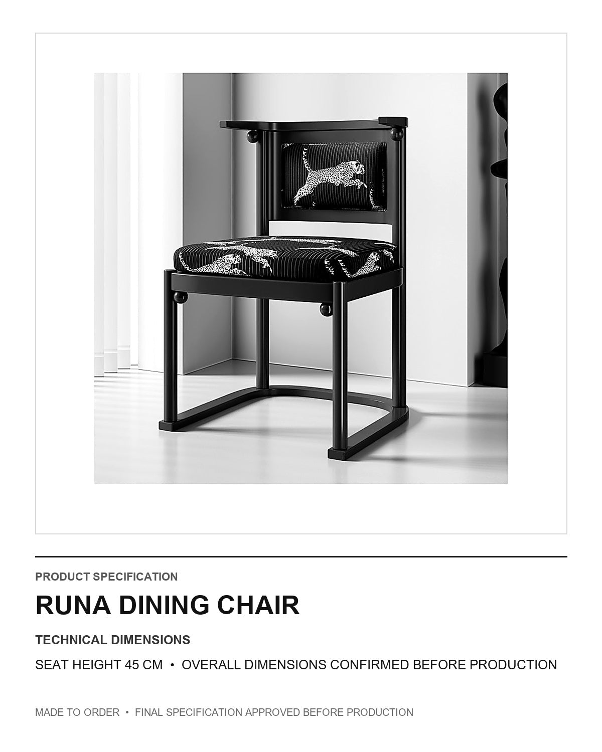 Runa Dining Chair — technical dimensions — uniform technical card v1 (Standard size — seat height 45 cm; final overall dimensions confirmed before production)