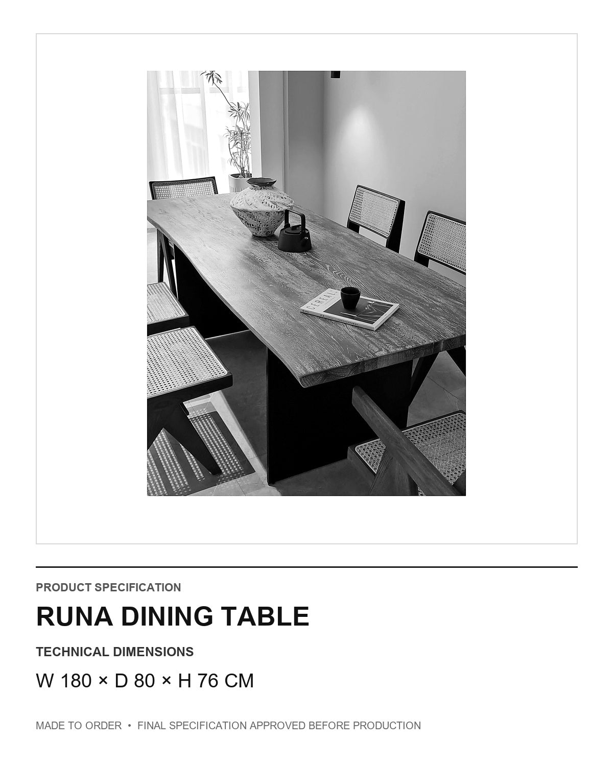 Runa Dining Table — technical dimensions — uniform technical card v1 (W 180 × D 80 × H 76 cm)