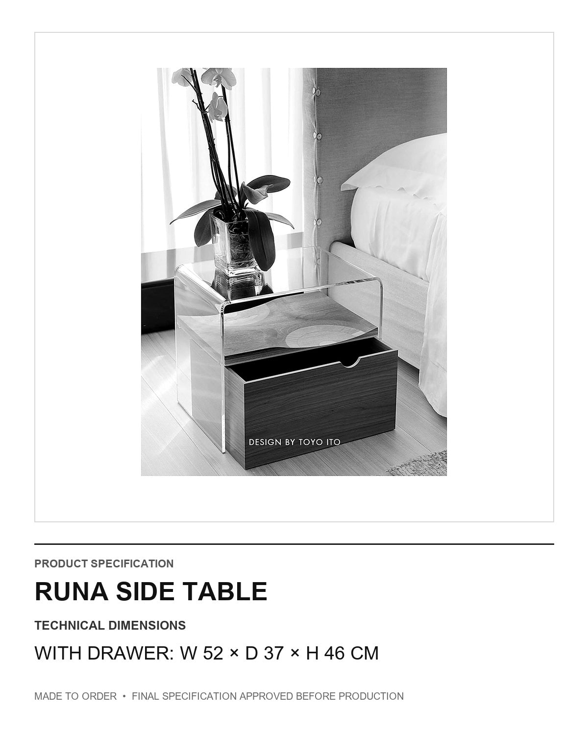 Runa Side Table — technical dimensions — uniform technical card v1 (With drawer: W 52 × D 37 × H 46 cm)