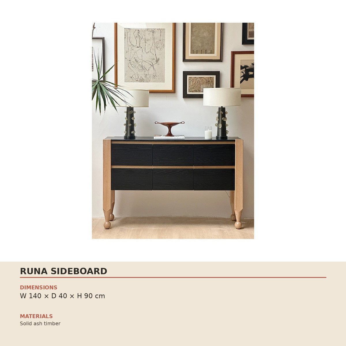 Runa Sideboard — technical dimensions (W 140 × D 40 × H 90 cm)