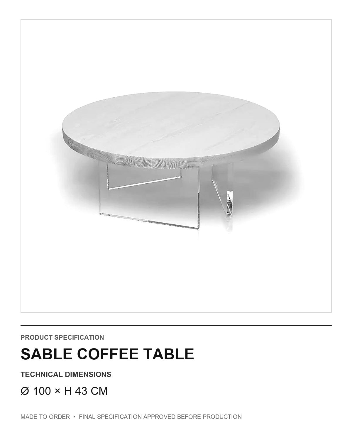 Sable Coffee Table — technical dimensions — uniform technical card v1 (Ø 100 × H 43 cm)
