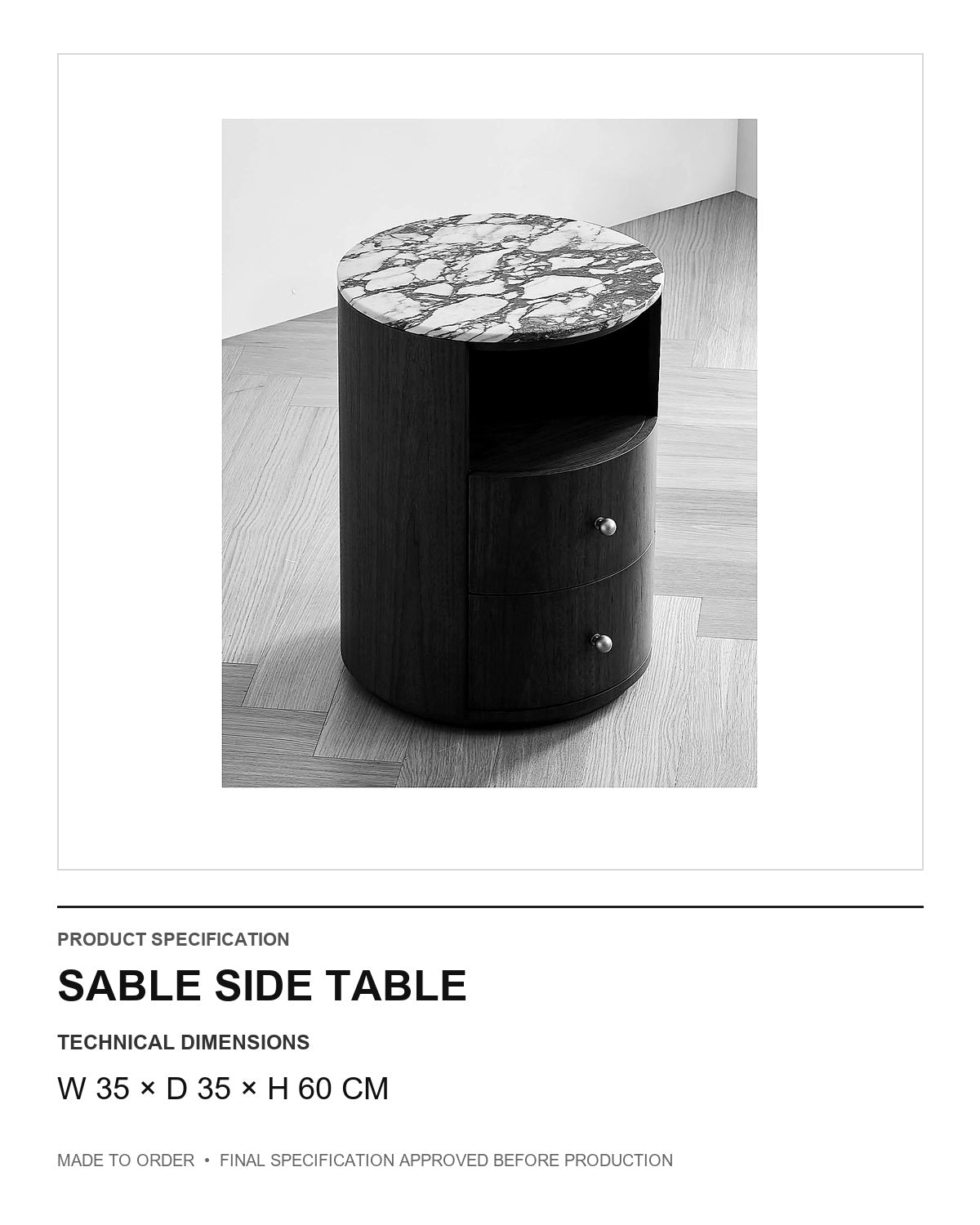 Sable Side Table — technical dimensions — uniform technical card v1 (W 35 × D 35 × H 60 cm)