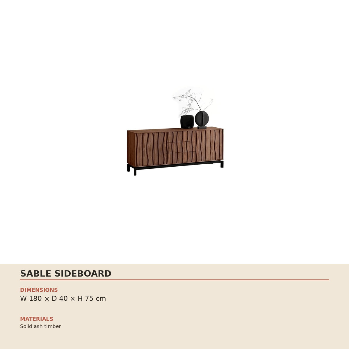 Sable Sideboard — technical dimensions (W 180 × D 40 × H 75 cm)