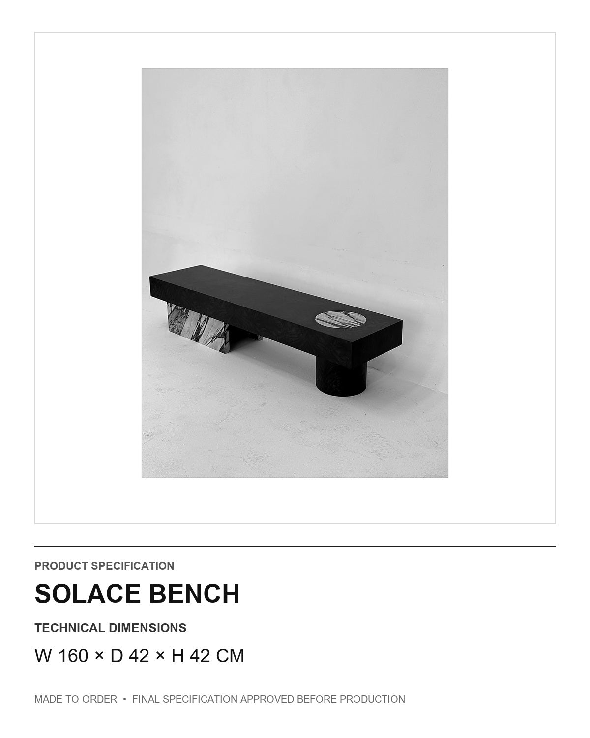 Solace Bench — technical dimensions — uniform technical card v1 (W 160 × D 42 × H 42 cm)