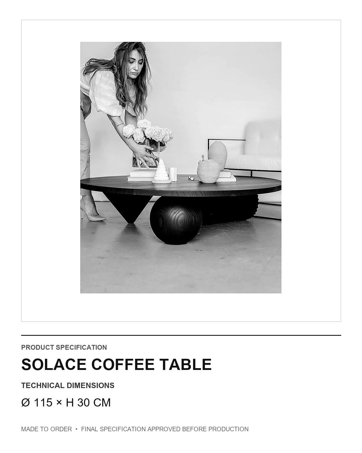 Solace Coffee Table — technical dimensions — uniform technical card v1 (Ø 115 × H 30 cm)