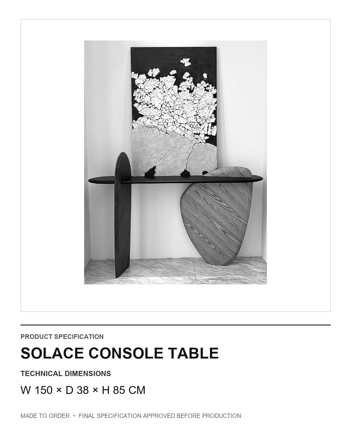 Solace Console Table — technical dimensions — uniform technical card v1 (W 150 × D 38 × H 85 cm)